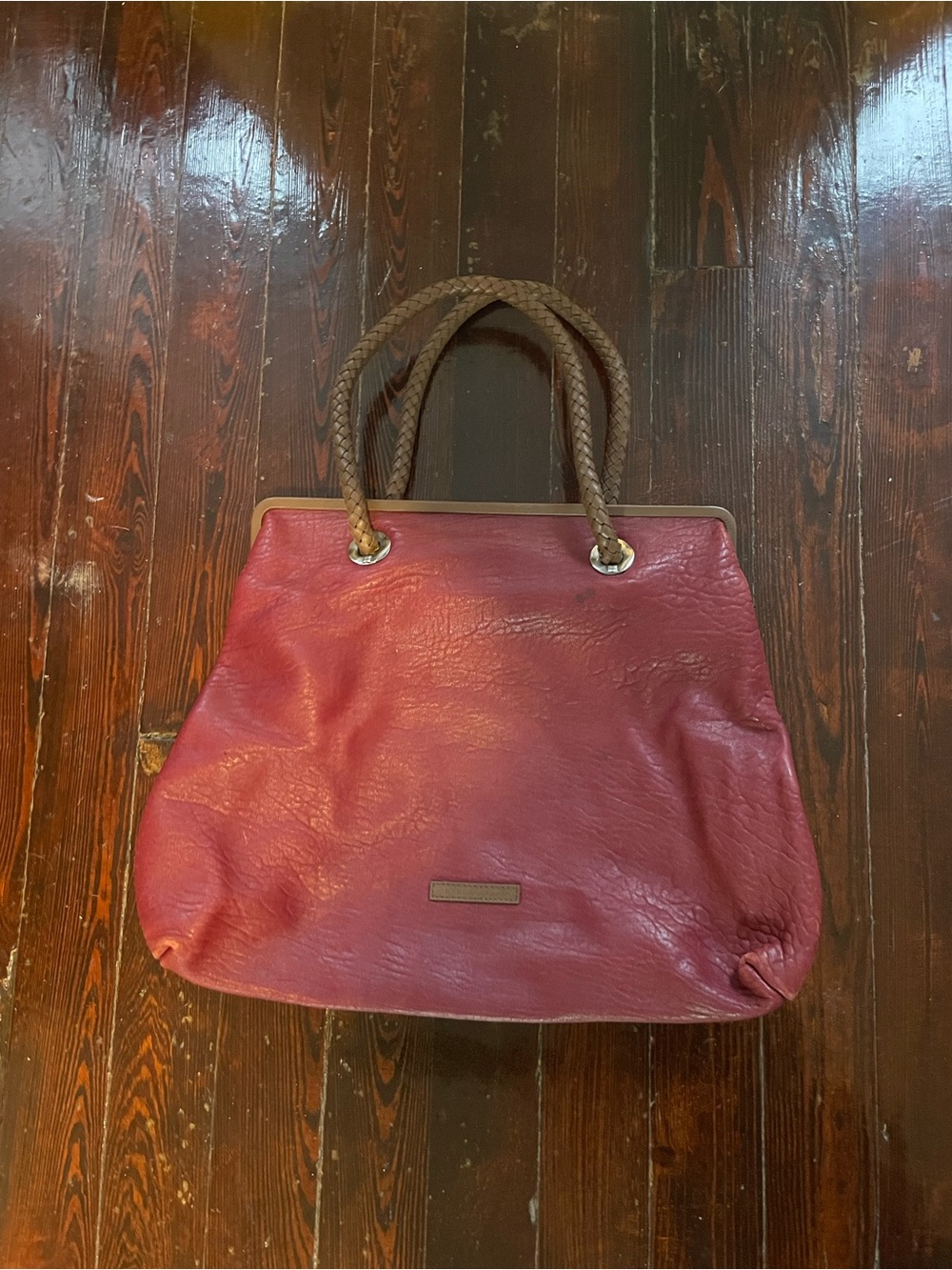 BCBGMaxAzria Red Leather Tote with Braided Brown Handles